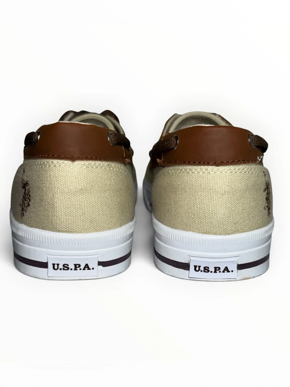 Men’s 12 Casual Boat Shoes Sneakers Cream Canvas Brown Trim NWOT U.S. Polo Assn.
